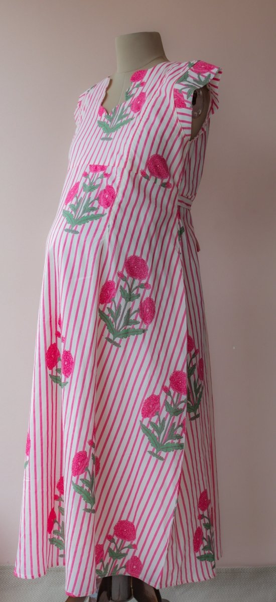 Gomati | Pink Stripe Marigold Print Cotton Maternity & Nursing DressALL US WOMENmaternity and feeding