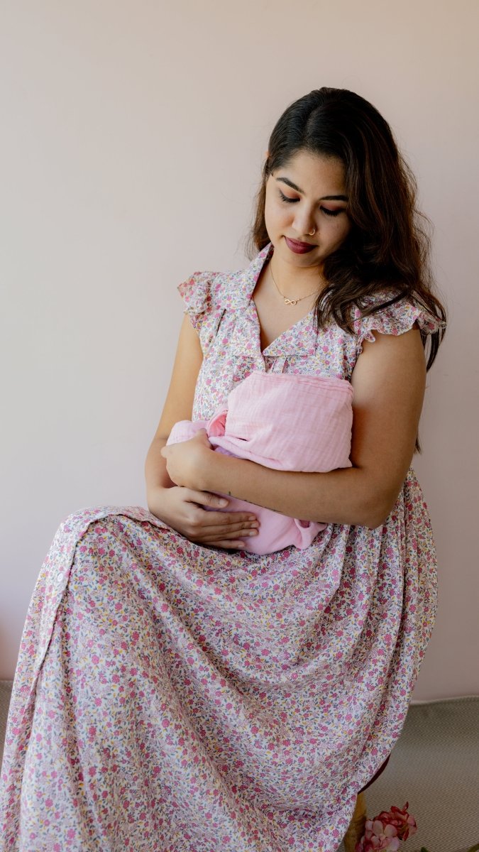 Gossamer – Flutter Sleeve Button-Down Maternity & Nursing Dress in Pink Ditsy Floral CottonALL US WOMENmaternity and feeding