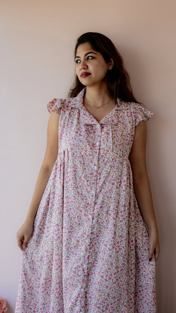 Gossamer – Flutter Sleeve Button-Down Maternity & Nursing Dress in Pink Ditsy Floral CottonALL US WOMENmaternity and feeding