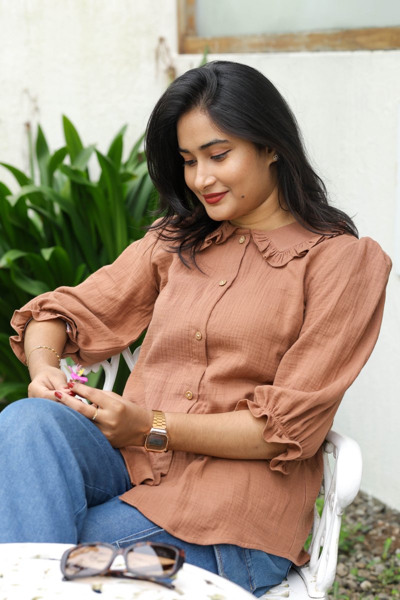 Hazelnut brulee |Organic Crush Cotton Feeding Button - Down Shirt | Hearth CollectionALL US WOMEN