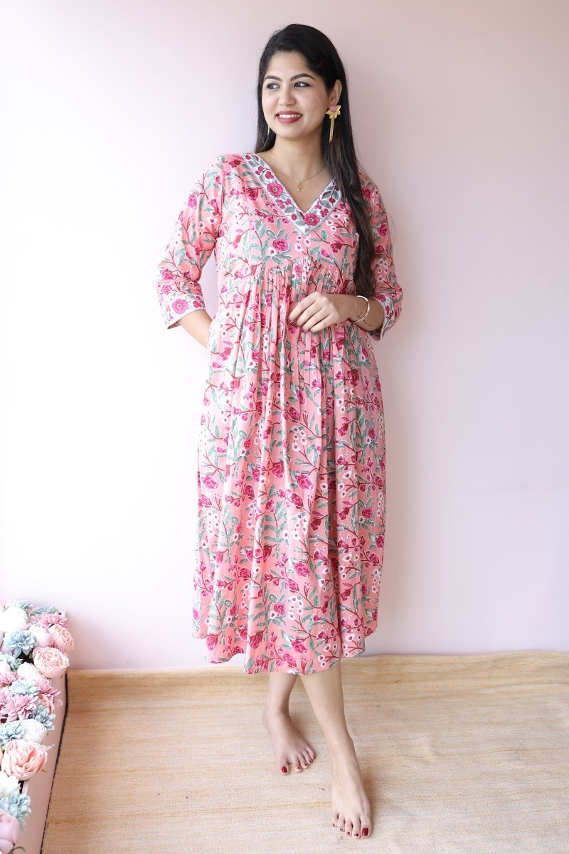 Inara |Ethnic Handblock Printed Cotton Maternity Dress & Feeding Zips | Noor All us womenALL US WOMENmaternity and feeding