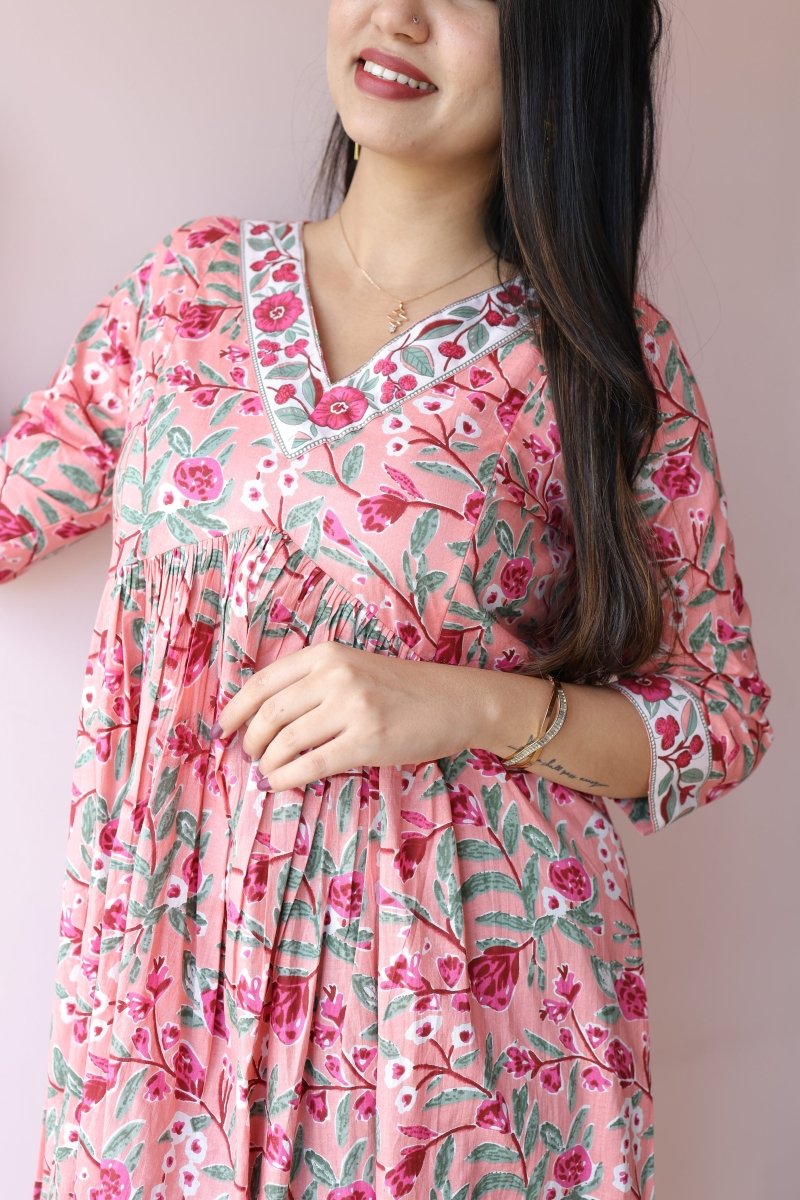 Inara |Ethnic Handblock Printed Cotton Maternity Dress & Feeding Zips | Noor All us womenALL US WOMENmaternity and feeding