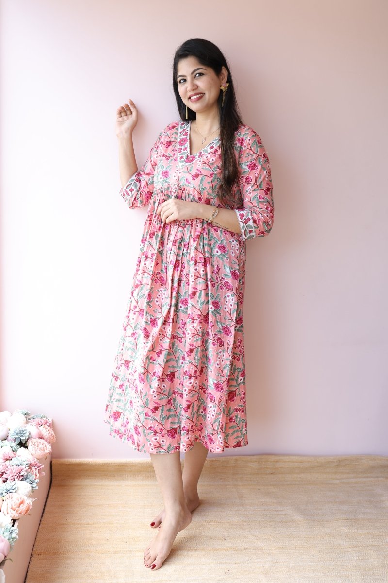 Inara |Ethnic Handblock Printed Cotton Maternity Dress & Feeding Zips | Noor All us womenALL US WOMENmaternity and feeding