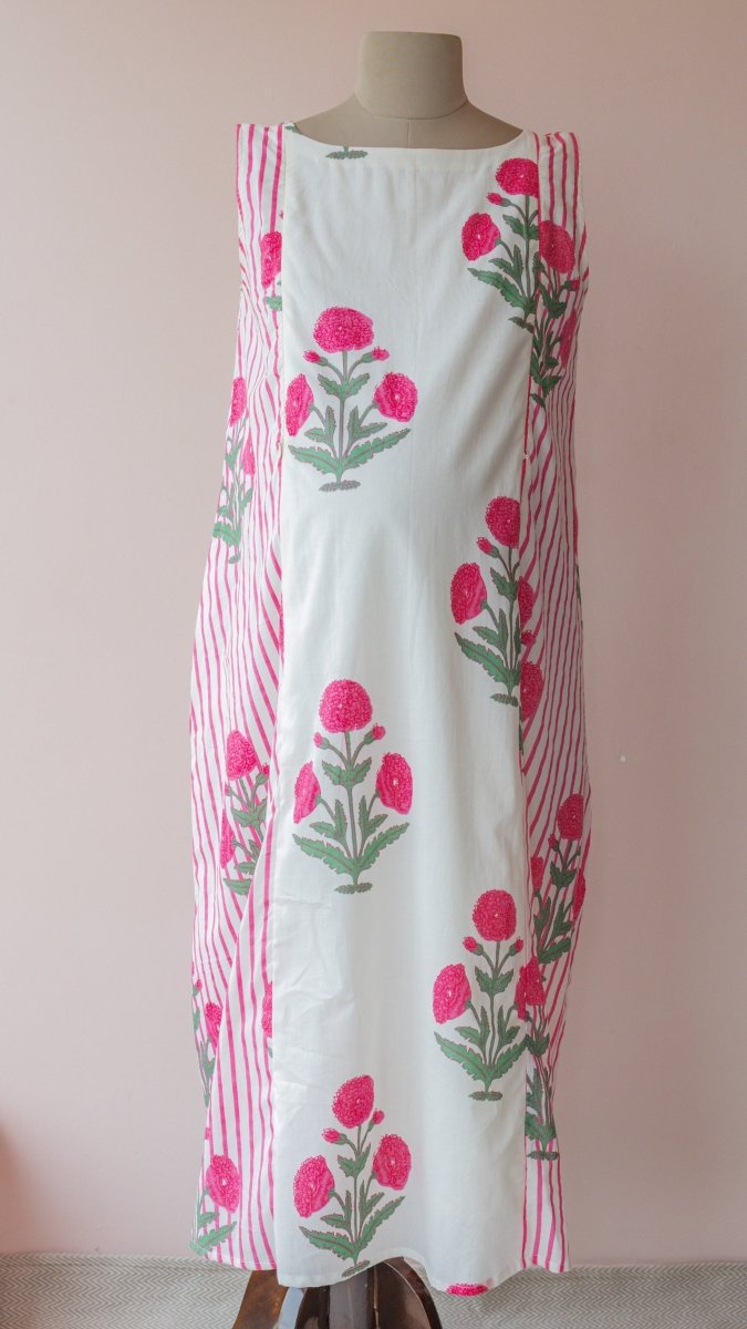 Iravati | white & Pink Stripe Marigold Block Print Cotton DressALL US WOMENmaternity and feeding