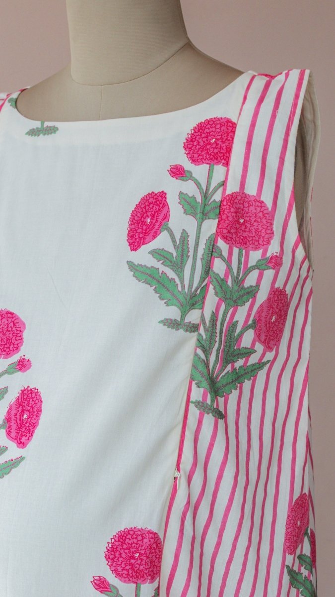 Iravati | white & Pink Stripe Marigold Block Print Cotton DressALL US WOMENmaternity and feeding