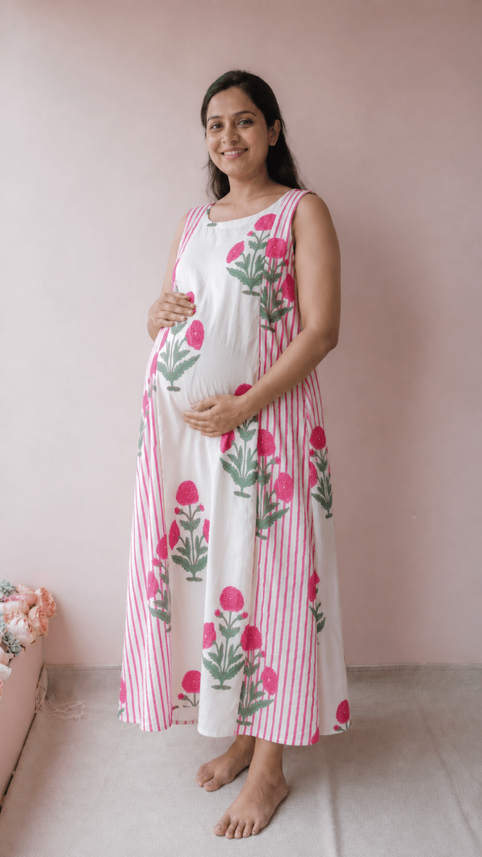 Iravati | white & Pink Stripe Marigold Block Print Cotton DressALL US WOMENmaternity and feeding