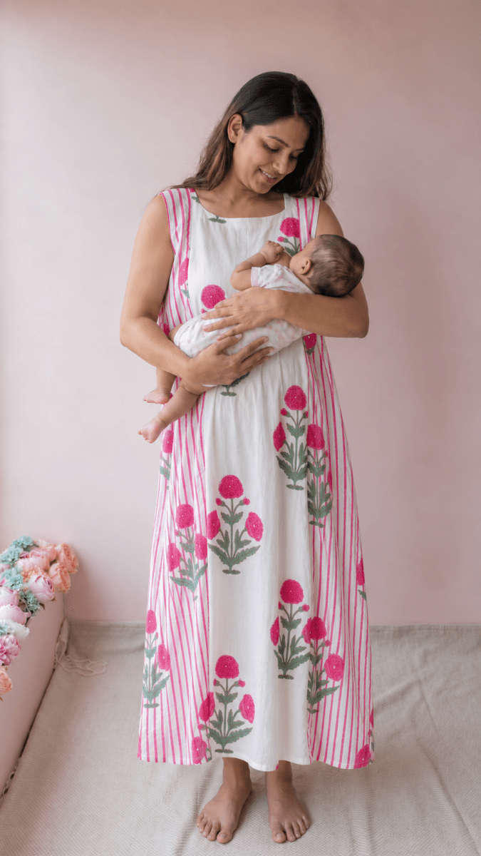 Iravati | white & Pink Stripe Marigold Block Print Cotton DressALL US WOMENmaternity and feeding