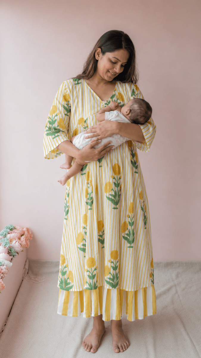 Kafi — Marigold Block Print Cotton Maternity & Nursing DressALL US WOMENmaternity and feeding