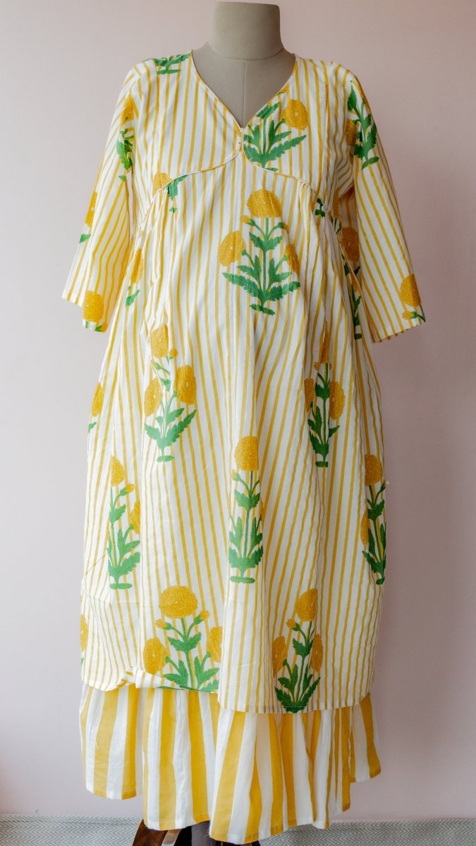 Kafi — Marigold Block Print Cotton Maternity & Nursing DressALL US WOMENmaternity and feeding
