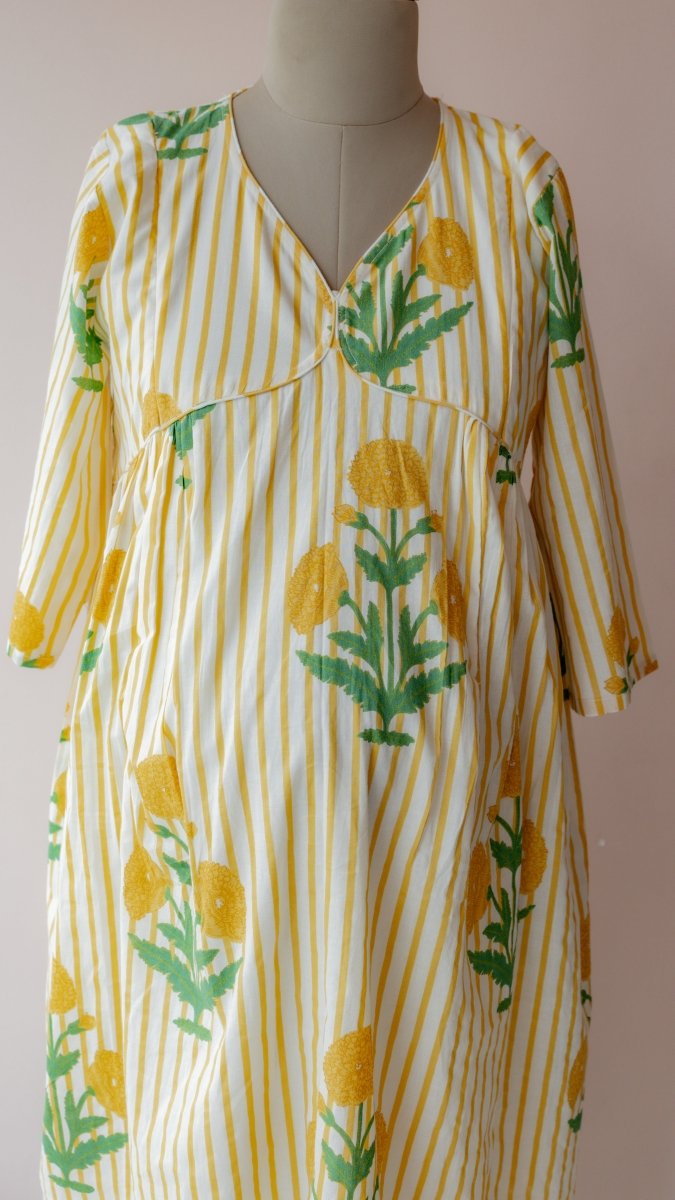 Kafi — Marigold Block Print Cotton Maternity & Nursing DressALL US WOMENmaternity and feeding