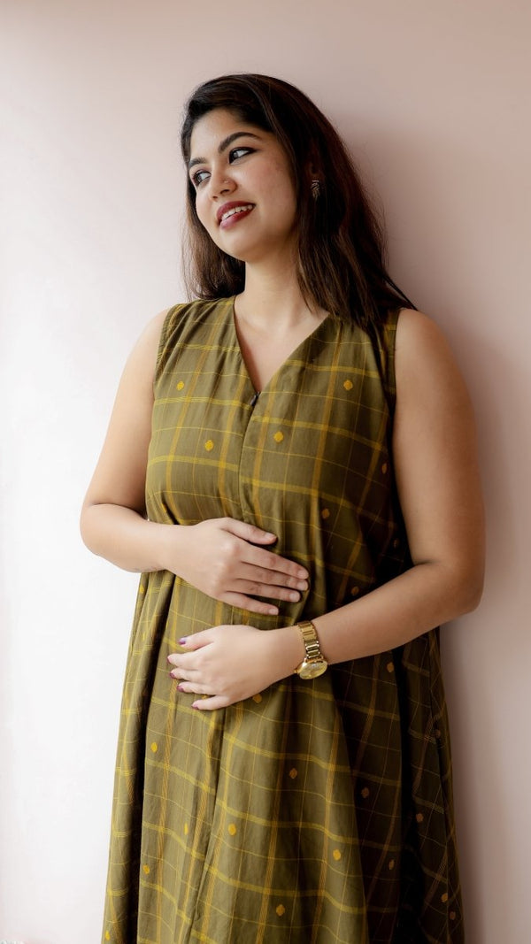 Kalindi — Powerloom Check Weave Nursing DressALL US WOMENmaternity and feeding