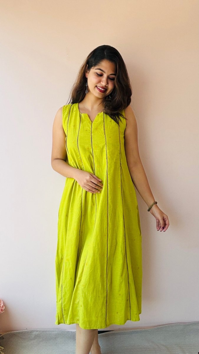 Kedar |Chartreuse south Cotton Maternity & Nursing Dress with PipingALL US WOMENmaternity and feeding