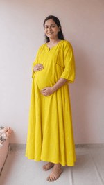 Maand — Yellow South Cotton Maternity & Nursing Dress with Pink PipingALL US WOMENmaternity and feeding