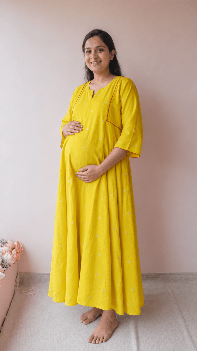 Maand — Yellow South Cotton Maternity & Nursing Dress with Pink PipingALL US WOMENmaternity and feeding