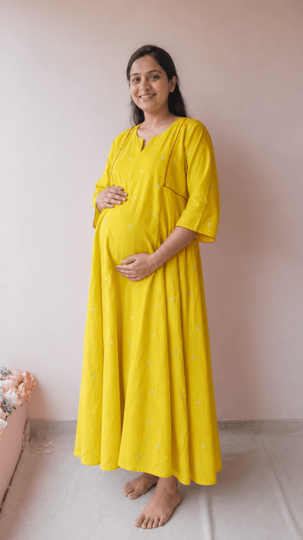 Maand — Yellow South Cotton Maternity & Nursing Dress with Pink PipingALL US WOMENmaternity and feeding
