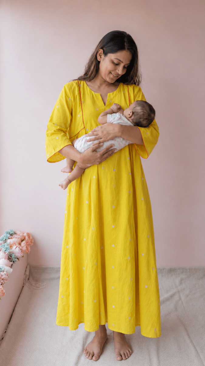 Maand — Yellow South Cotton Maternity & Nursing Dress with Pink PipingALL US WOMENmaternity and feeding