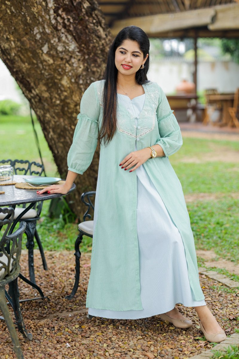 Pistachio Crème Maternity Dress with Kota Doria Overlay & Center Zip | Hearth CollectionALL US WOMENmaternity and feeding