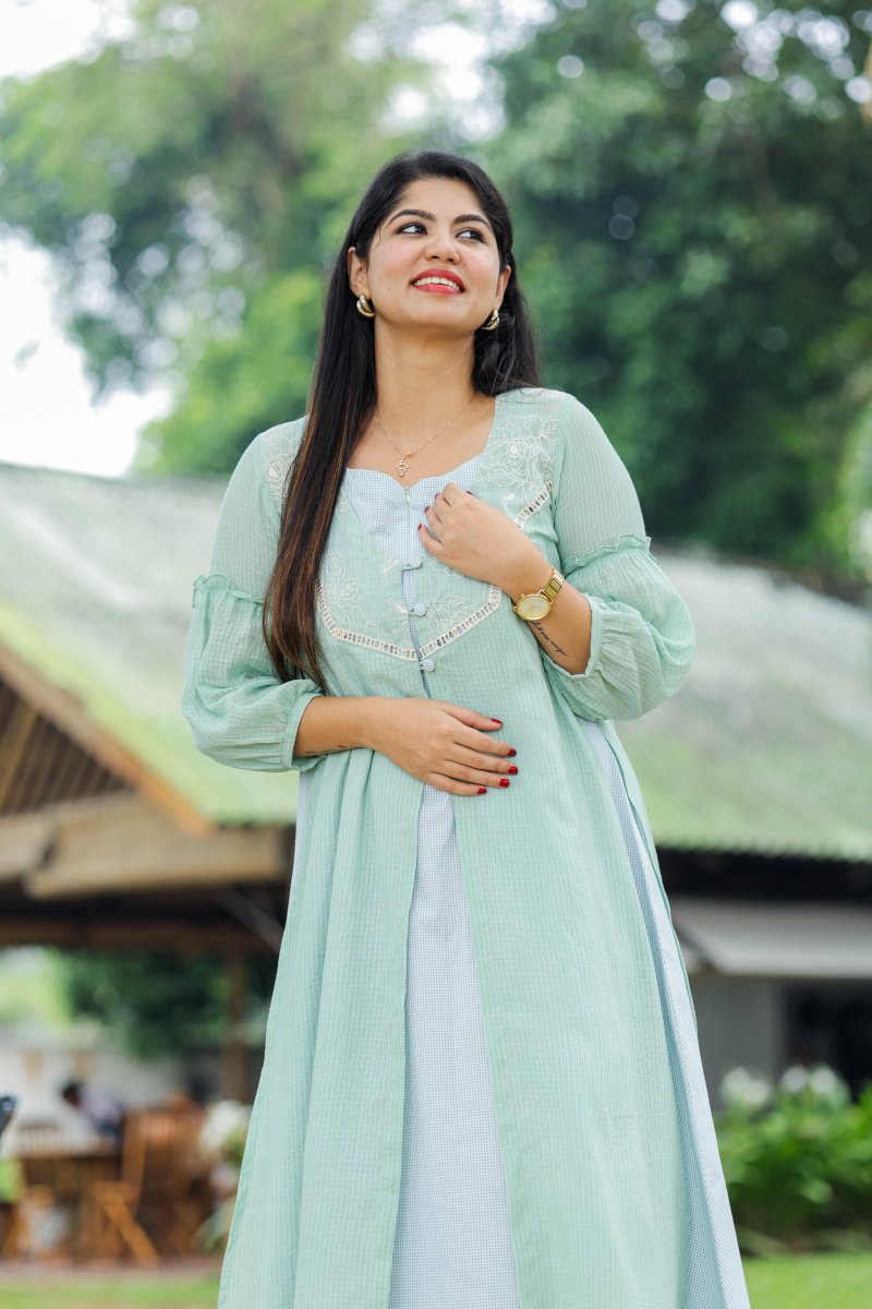 Pistachio Crème Maternity Dress with Kota Doria Overlay & Center Zip | Hearth CollectionALL US WOMENmaternity and feeding