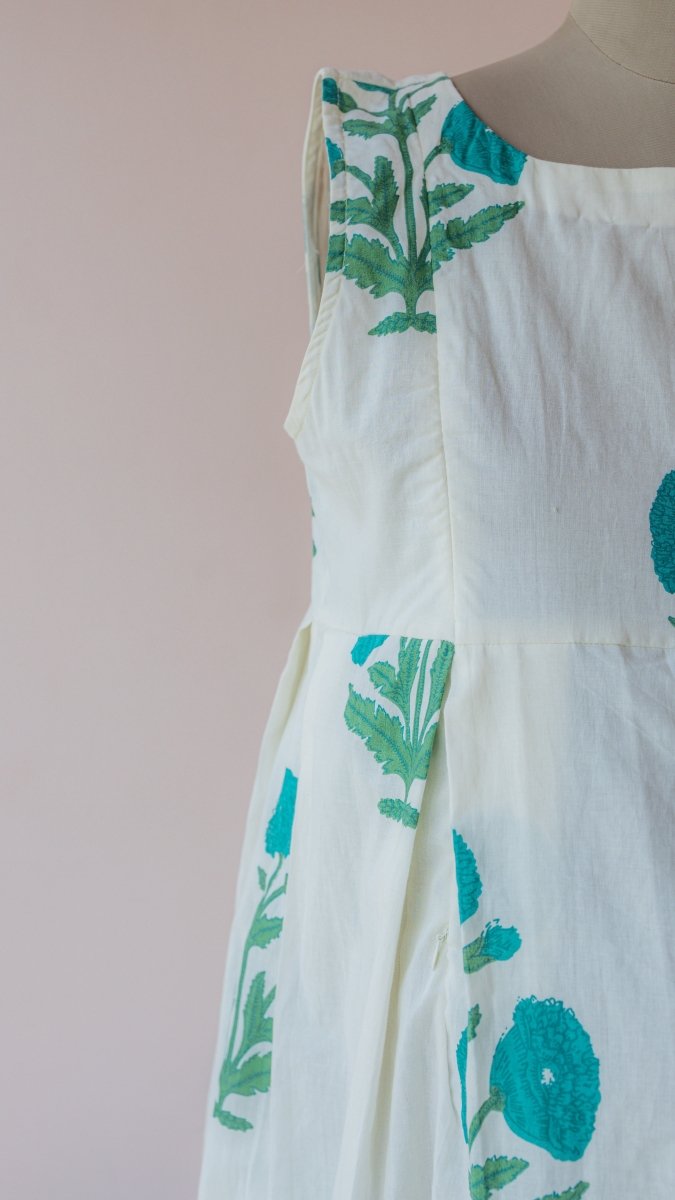 Puriya — Ivory Teal Marigold Block Print Cotton Maternity & Nursing DressALL US WOMENmaternity and feeding