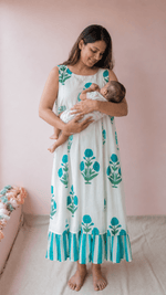 Puriya — Ivory Teal Marigold Block Print Cotton Maternity & Nursing DressALL US WOMENmaternity and feeding