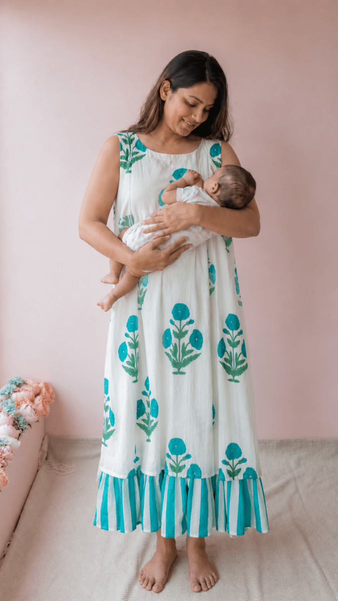 Puriya — Ivory Teal Marigold Block Print Cotton Maternity & Nursing DressALL US WOMENmaternity and feeding