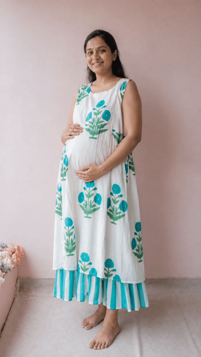 Puriya — Ivory Teal Marigold Block Print Cotton Maternity & Nursing DressALL US WOMENmaternity and feeding