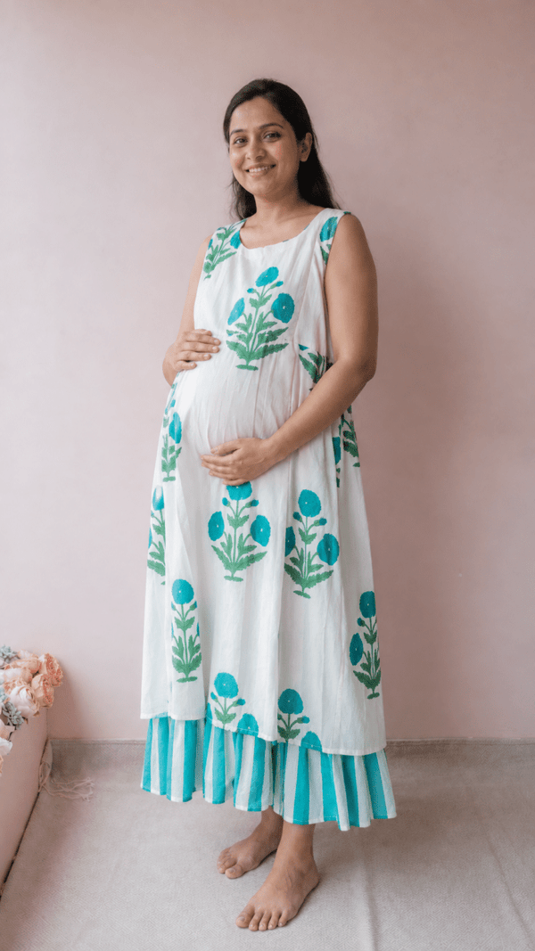 Puriya — Ivory Teal Marigold Block Print Cotton Maternity & Nursing DressALL US WOMENmaternity and feeding