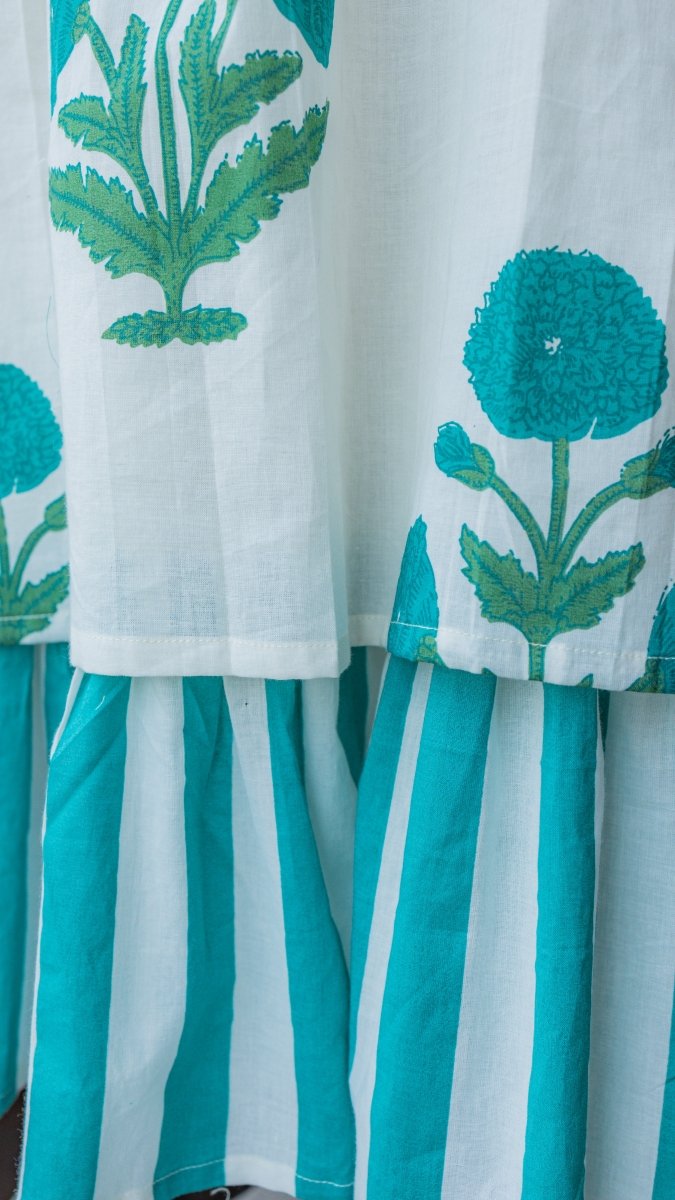 Puriya — Ivory Teal Marigold Block Print Cotton Maternity & Nursing DressALL US WOMENmaternity and feeding