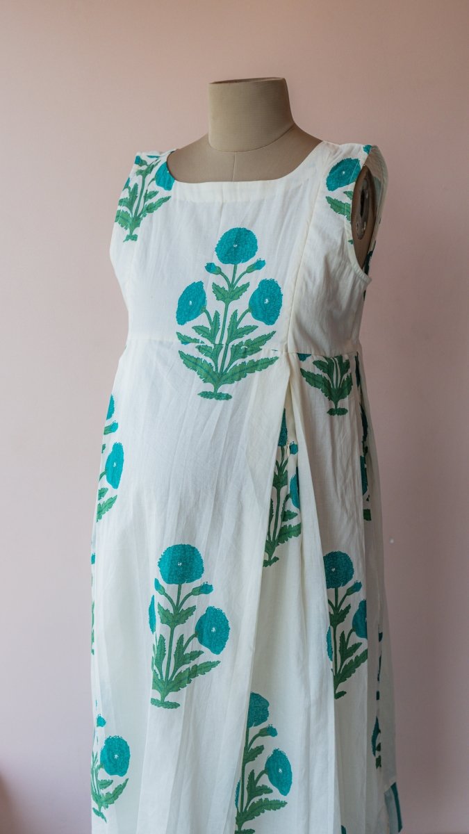 Puriya — Ivory Teal Marigold Block Print Cotton Maternity & Nursing DressALL US WOMENmaternity and feeding