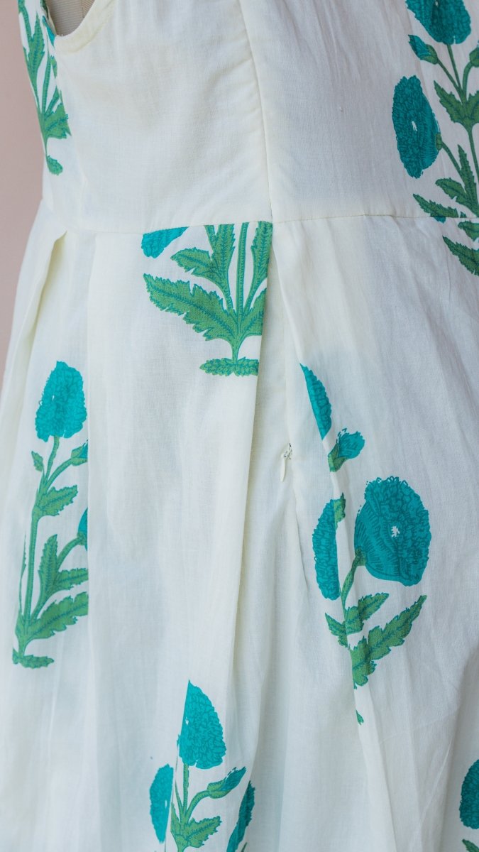 Puriya — Ivory Teal Marigold Block Print Cotton Maternity & Nursing DressALL US WOMENmaternity and feeding