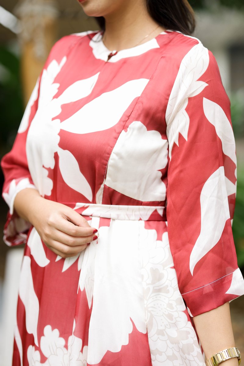 Red Velvet Bloom Premium Satin Georgette Maternity & Nursing dress | HearthALL US WOMENmaternity and feeding