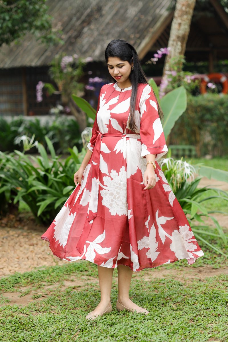 Red Velvet Bloom Premium Satin Georgette Maternity & Nursing dress | HearthALL US WOMENmaternity and feeding