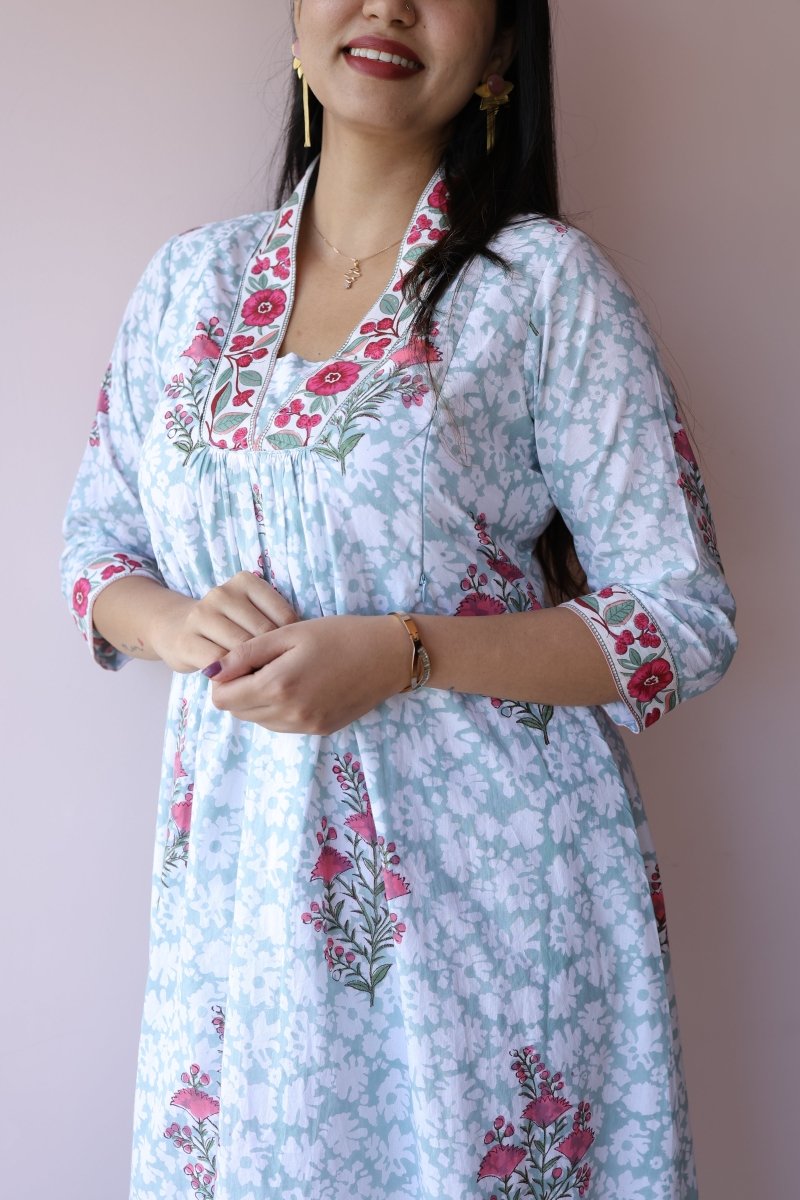 Sahar Handblock Printed Cotton Feeding - Friendly Maternity Dress | Noor All us womenALL US WOMENmaternity and feeding