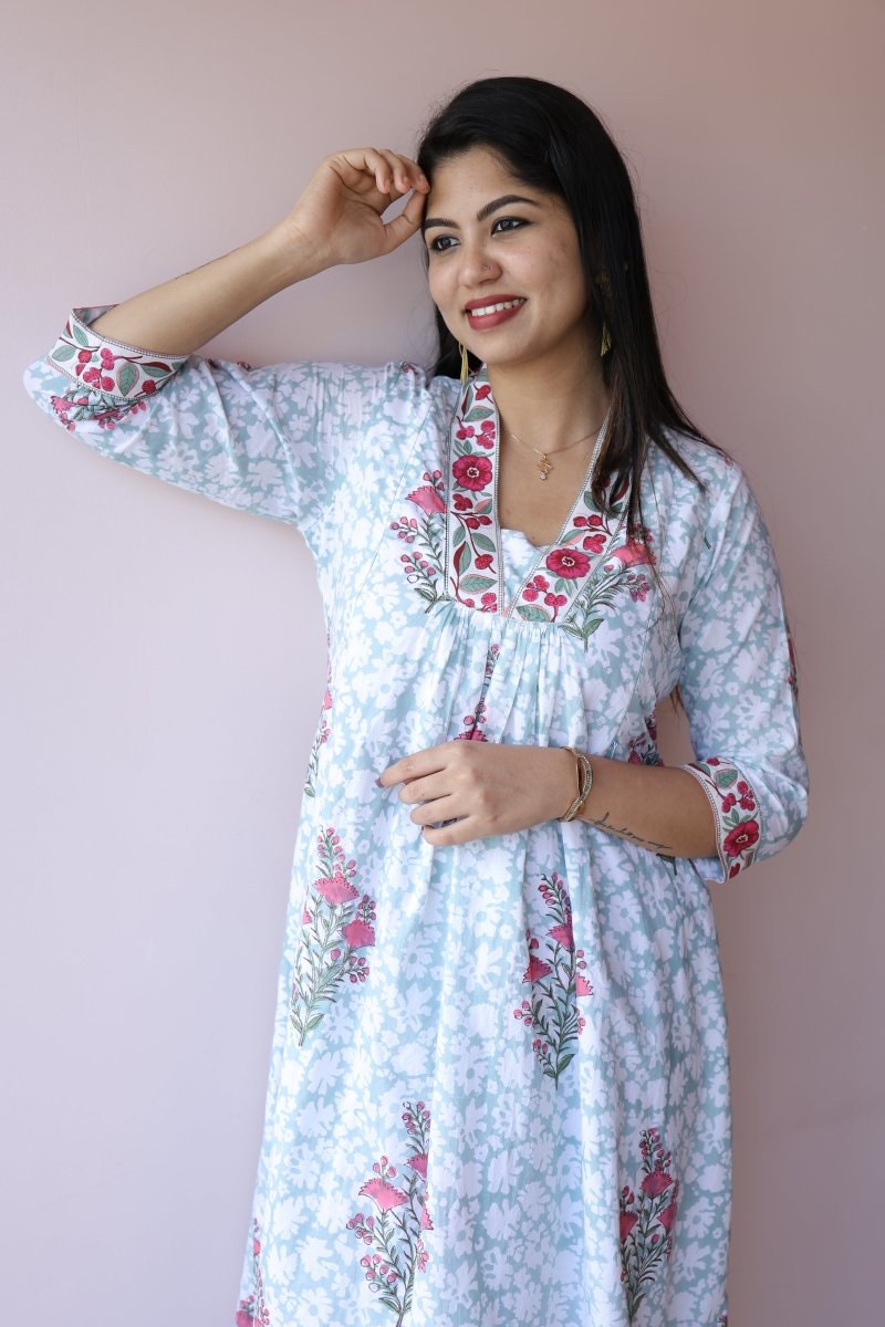 Sahar Handblock Printed Cotton Feeding - Friendly Maternity Dress | Noor All us womenALL US WOMENmaternity and feeding