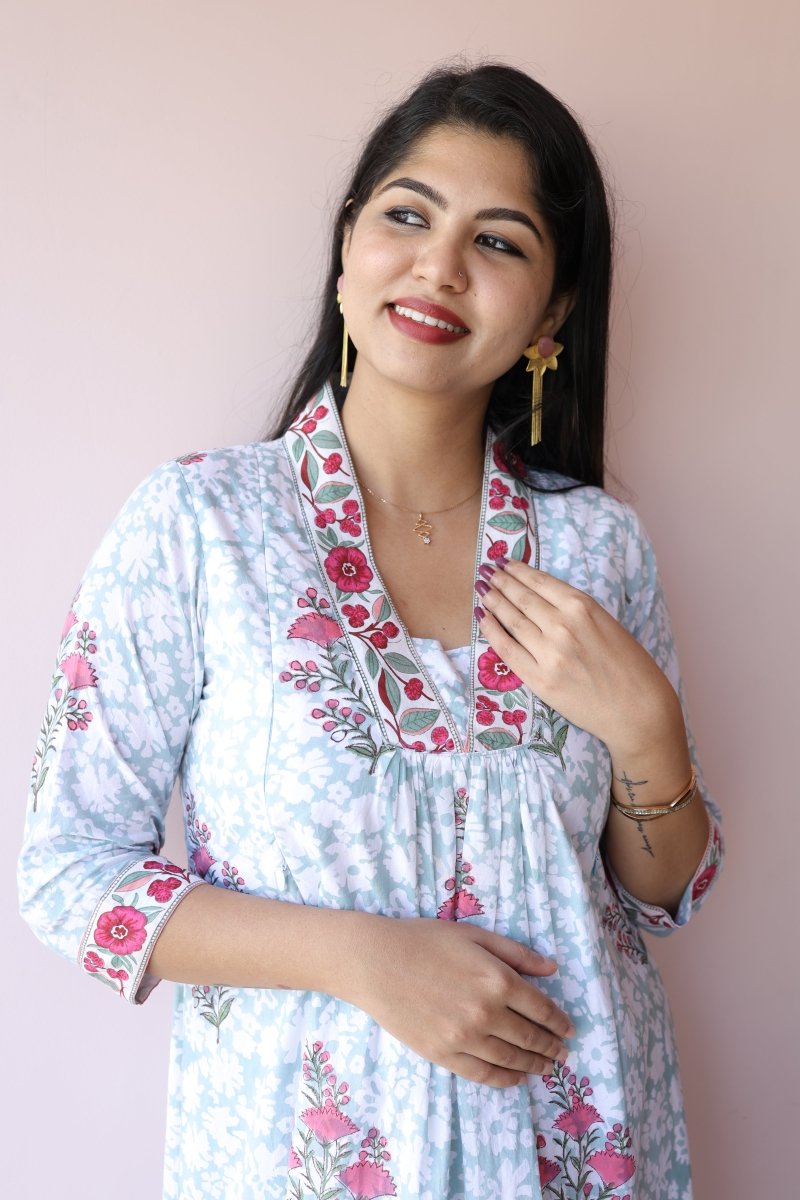Sahar Handblock Printed Cotton Feeding - Friendly Maternity Dress | Noor All us womenALL US WOMENmaternity and feeding