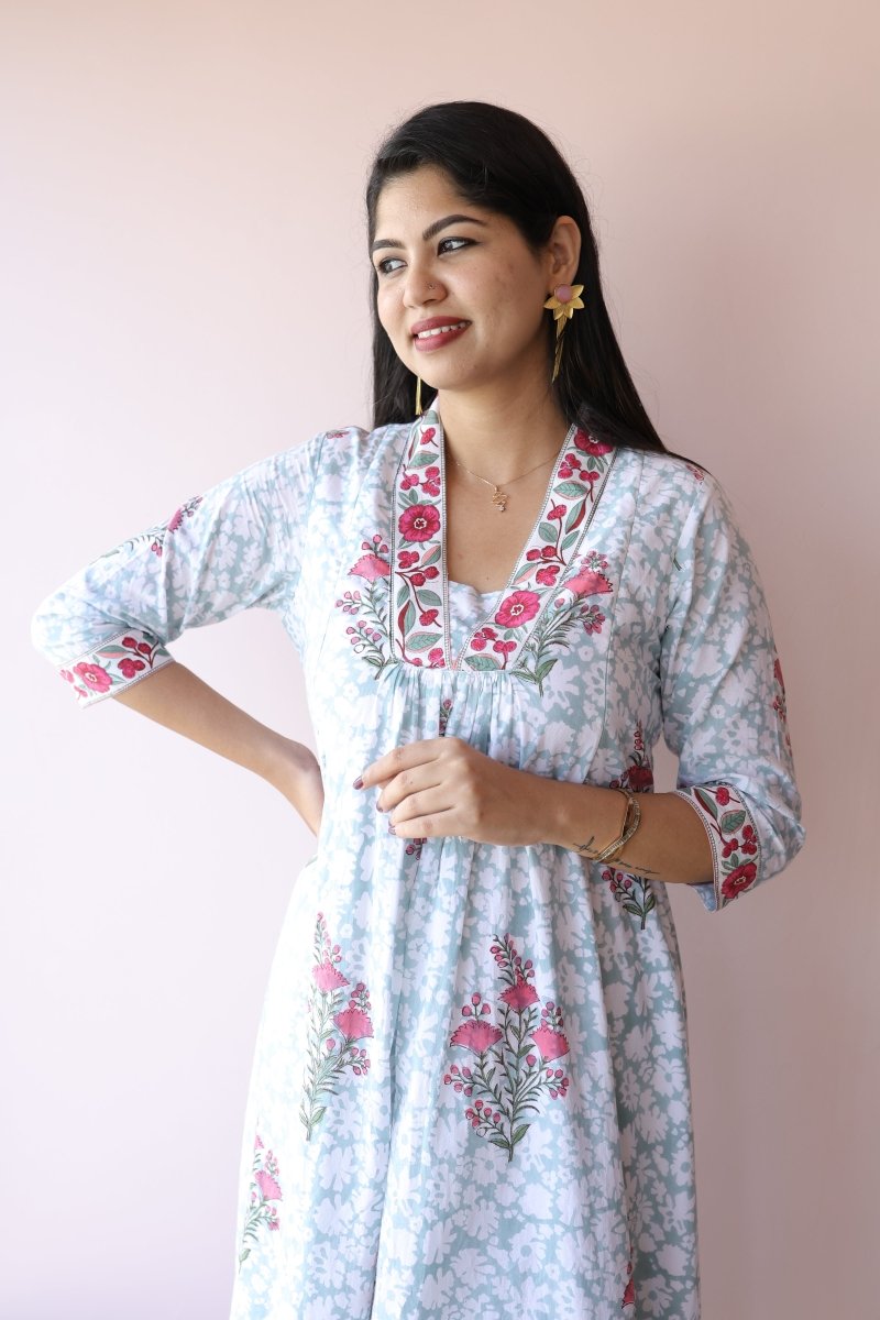 Sahar Handblock Printed Cotton Feeding - Friendly Maternity Dress | Noor All us womenALL US WOMENmaternity and feeding