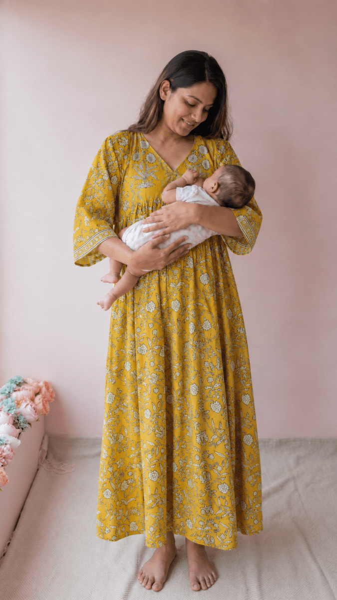 Saraswati — Mustard Floral Vine Block Print Cotton Maternity & Nursing DressALL US WOMENmaternity and feeding