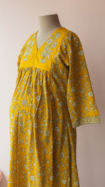 Saraswati — Mustard Floral Vine Block Print Cotton Maternity & Nursing DressALL US WOMENmaternity and feeding