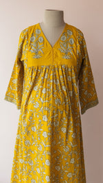 Saraswati — Mustard Floral Vine Block Print Cotton Maternity & Nursing DressALL US WOMENmaternity and feeding