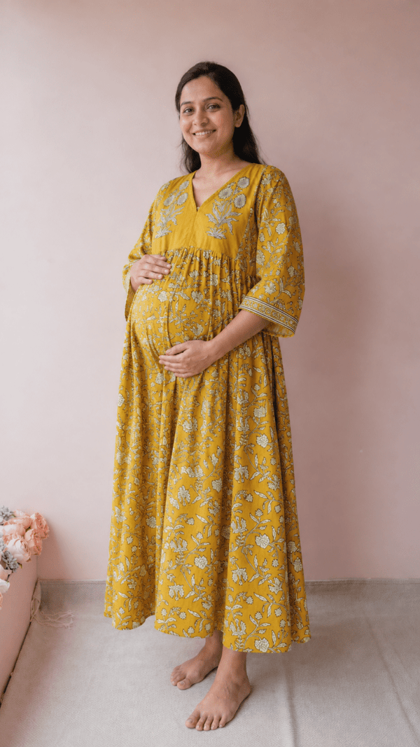 Saraswati — Mustard Floral Vine Block Print Cotton Maternity & Nursing DressALL US WOMENmaternity and feeding