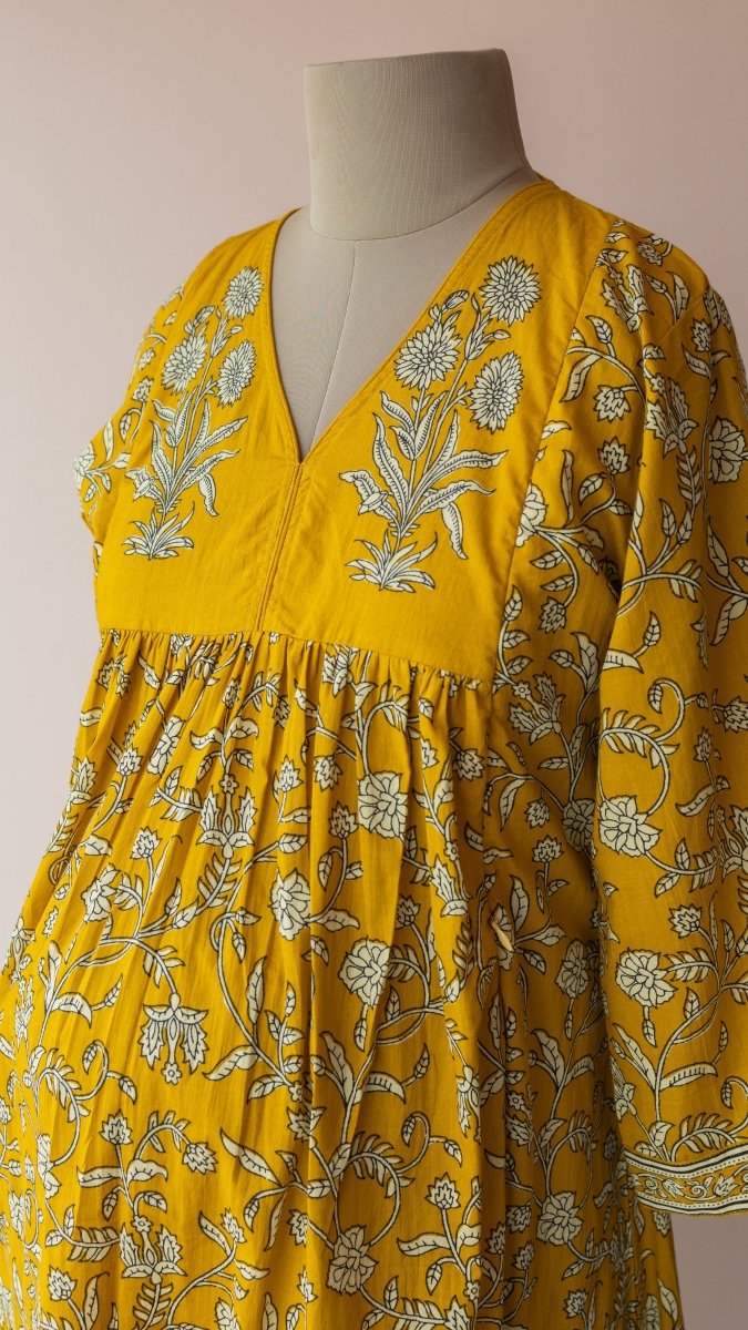 Saraswati — Mustard Floral Vine Block Print Cotton Maternity & Nursing DressALL US WOMENmaternity and feeding