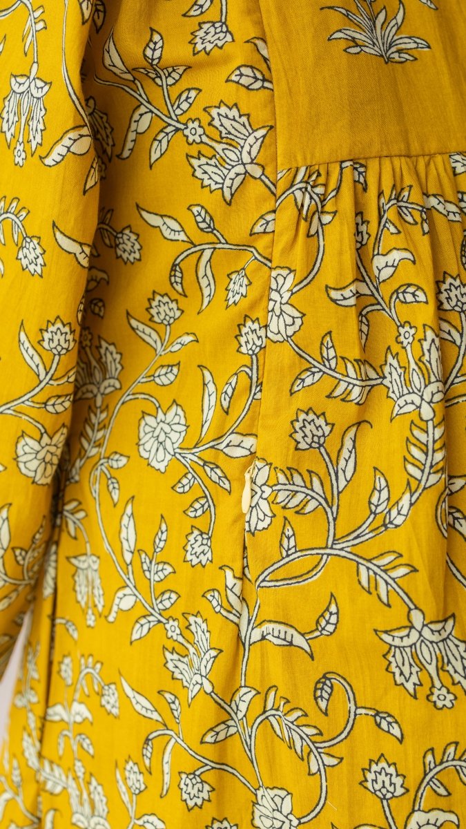 Saraswati — Mustard Floral Vine Block Print Cotton Maternity & Nursing DressALL US WOMENmaternity and feeding