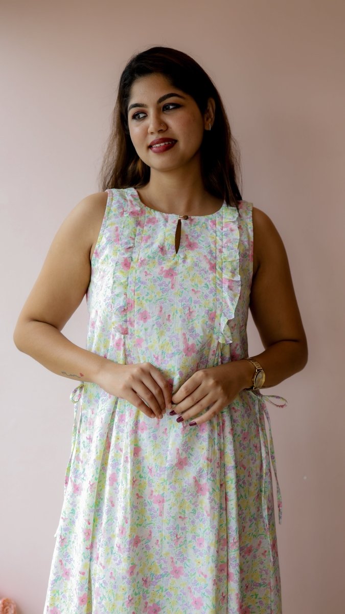 Sedge |Cotton Floral Ruffle-Front Maternity & Nursing DressALL US WOMENmaternity and feeding