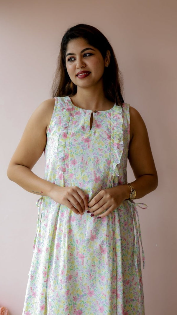 Sedge |Cotton Floral Ruffle-Front Maternity & Nursing DressALL US WOMENmaternity and feeding