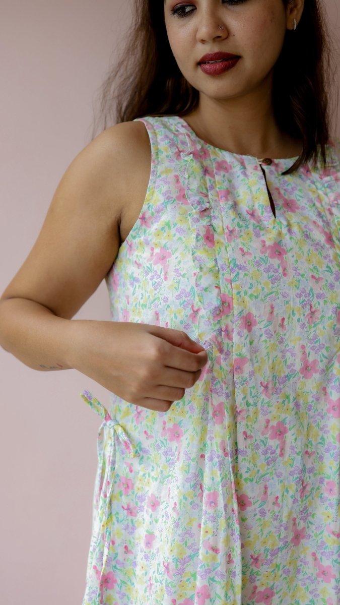 Sedge |Cotton Floral Ruffle-Front Maternity & Nursing DressALL US WOMENmaternity and feeding