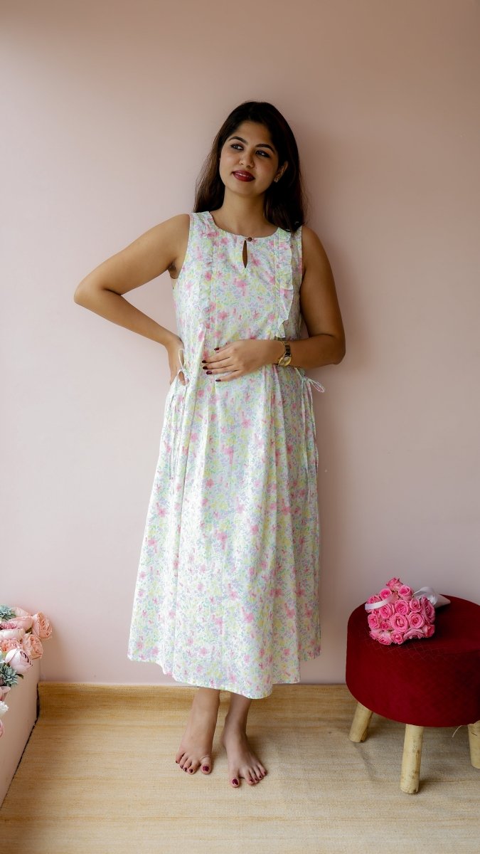 Sedge |Cotton Floral Ruffle-Front Maternity & Nursing DressALL US WOMENmaternity and feeding