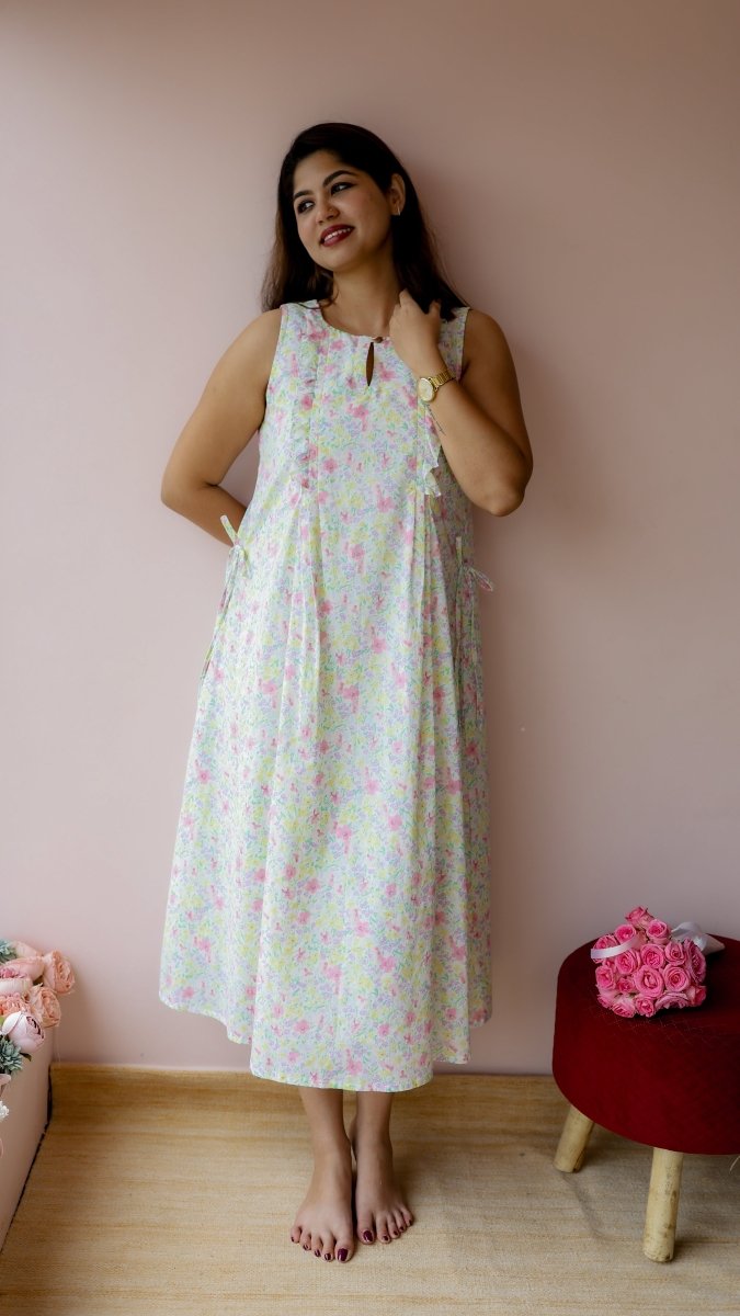 Sedge |Cotton Floral Ruffle-Front Maternity & Nursing DressALL US WOMENmaternity and feeding