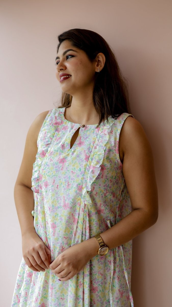Sedge |Cotton Floral Ruffle-Front Maternity & Nursing DressALL US WOMENmaternity and feeding