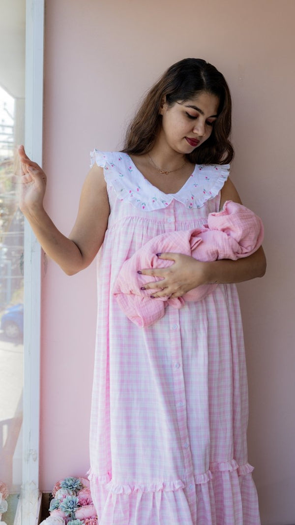 Shelter – Collared Button-Down Maternity & Nursing Dress in Pink Check CottonALL US WOMENmaternity and feeding