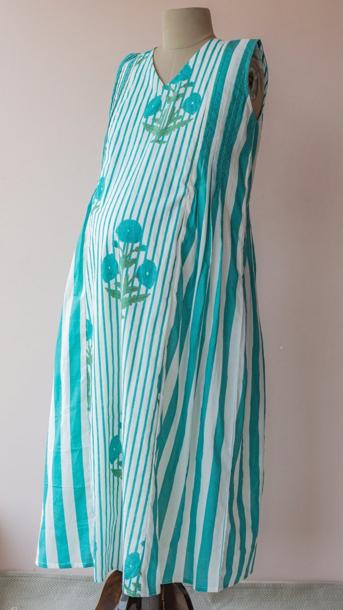Shri |Turquoise Marigold Block Print Cotton Maternity & Nursing DressALL US WOMENmaternity and feeding